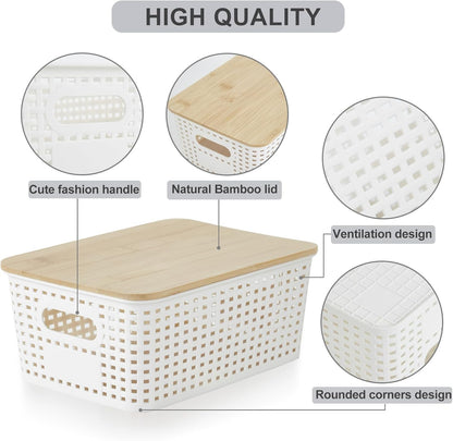 Bagnizer Small Plastic Storage Bins with Bamboo Lids 5.2qt Stackable Box Basket Pantry Decorative Containers Cute with Labels for Organizing Desktop Closet Office Cream White of 10*7.2*4.1"