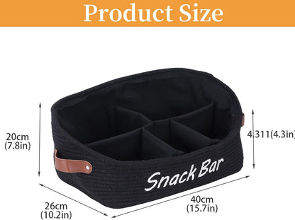 Snack Organizer for Pantry, Trapezoid Snack Organizer with Handles, 5 Compartment snack basket snack bar organizer, Cotton Rope Storage Basket for Kitchen Pantry Organization and Storage-Black
