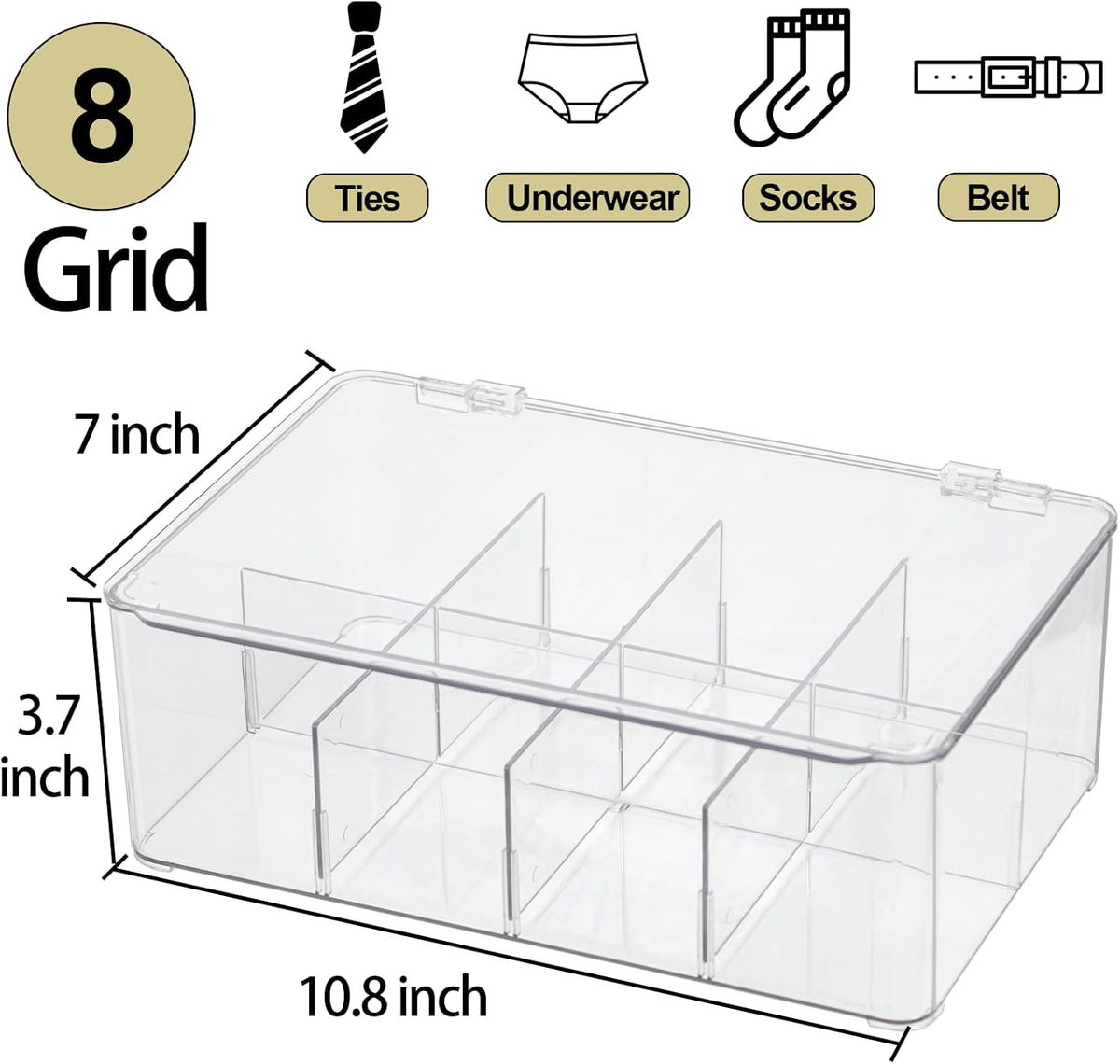ZEXALOR Plastic Clear Storage Containers, Set of 2 Tea Bag Organizer Boxes 8 Compartments with Lids, Underwear Tie Drawer Organizer, Dresser Organizer (10.8×7×3.7")