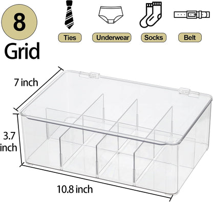 ZEXALOR Plastic Clear Storage Containers, Set of 2 Tea Bag Organizer Boxes 8 Compartments with Lids, Underwear Tie Drawer Organizer, Dresser Organizer (10.8×7×3.7")
