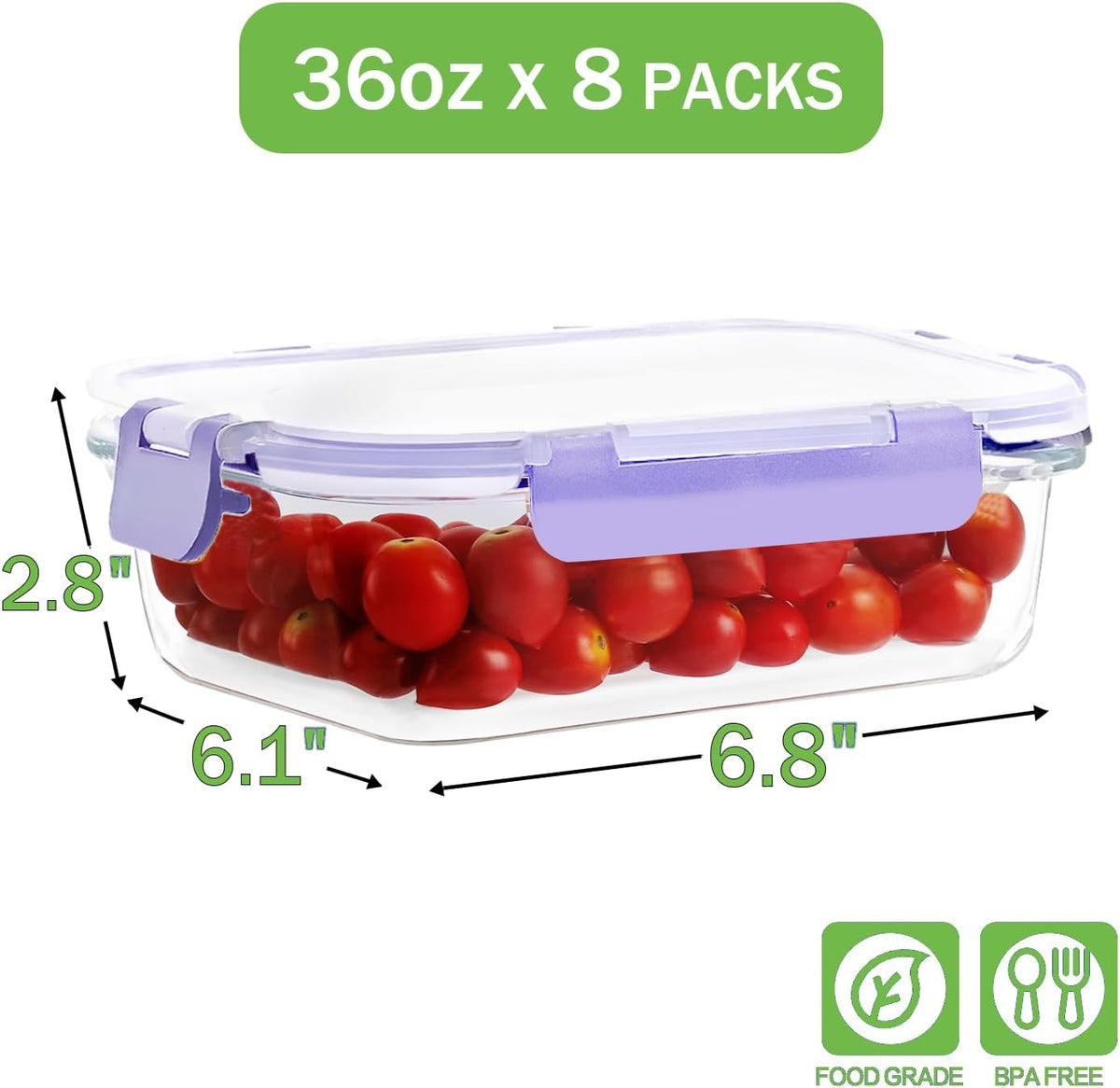 36oz Large Glass Meal Prep Containers with lids, Glass Food Storage Containers with Leak Proof Snap Lock Lids, Airtight Bento lunch Boxes, Kitchen Storage, Oven, Freezer and Dishwasher Safe