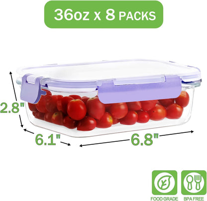 36oz Large Glass Meal Prep Containers with lids, Glass Food Storage Containers with Leak Proof Snap Lock Lids, Airtight Bento lunch Boxes, Kitchen Storage, Oven, Freezer and Dishwasher Safe