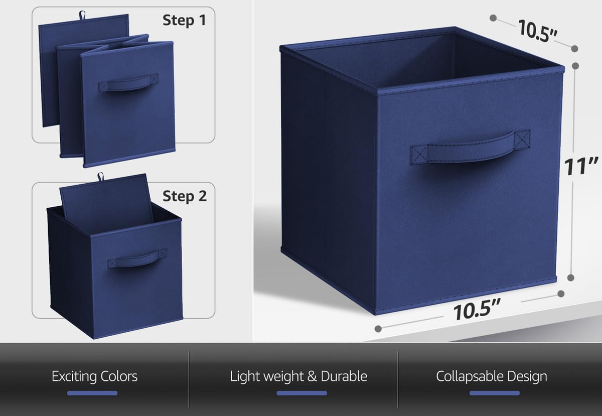Sorbus Foldable Storage Cubes - 6 Fabric Baskets for Organizing Pantry, Closet, Shelf, Nursery, Playroom, Toy Box, Cubby -11 Inch Dual Handle Collapsible Closet Organizers and Storage Bins (Navy Blue)