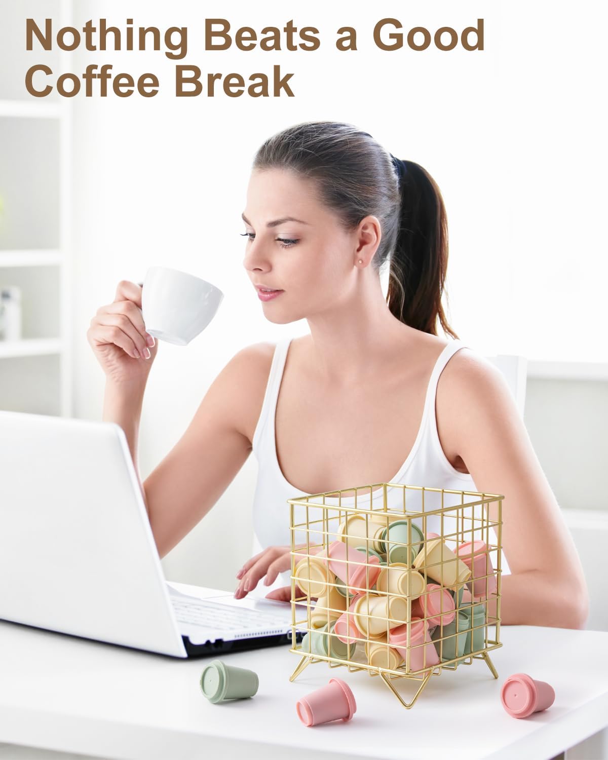 FantasyLife K Cup Holder Organizer, 5.3" x 5.3" x 6.3" Coffee Pod Storage Basket, Coffee Bar Accessories Metal Basket, Large Capacity Countertop Organizer for Kitchen Counter & Office Desktop (Gold)
