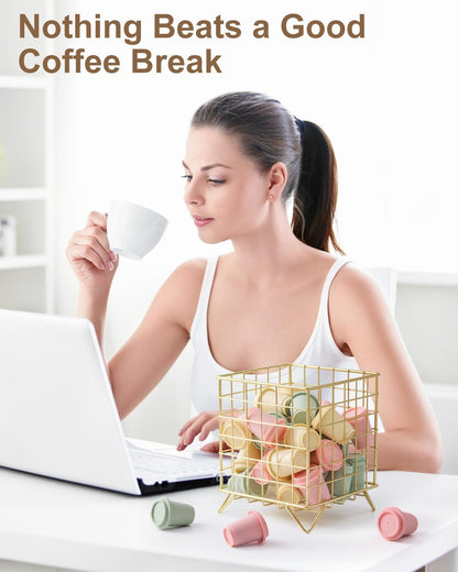 FantasyLife K Cup Holder Organizer, 5.3" x 5.3" x 6.3" Coffee Pod Storage Basket, Coffee Bar Accessories Metal Basket, Large Capacity Countertop Organizer for Kitchen Counter & Office Desktop (Gold)