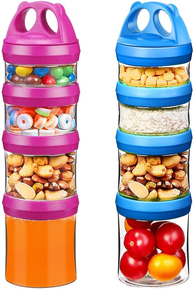 SELEWARE Portable Stackable Food Storage Containers for Snacks Formula Powder and Drinks Twist Lock System Airtight Leak-proof BPA and Phthalate Free 4 Piece Jars 31oz Blue