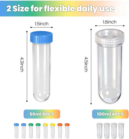Protein Powder Travel Container Set 12 Pack – 8x50ml & 4x100ml Leak Proof Reusable Supplement Powder Container to Go with Funnel & Labels, Portable Gym Protein Storage for Fitness, Work, Travel