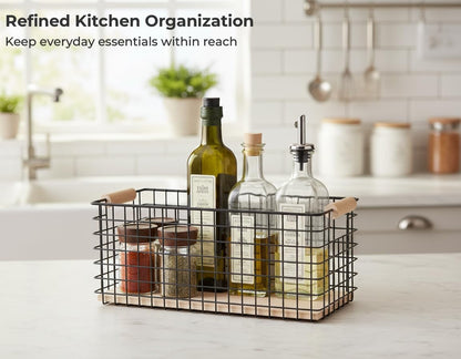 Wire Storage Baskets with Solid Wood Handles, Set of 2 – Metal Organizer Basket with MDF Base for Kitchen Countertop, Bathroom, Pantry, Entryway, Office | 12.8” x 6.25” | Black