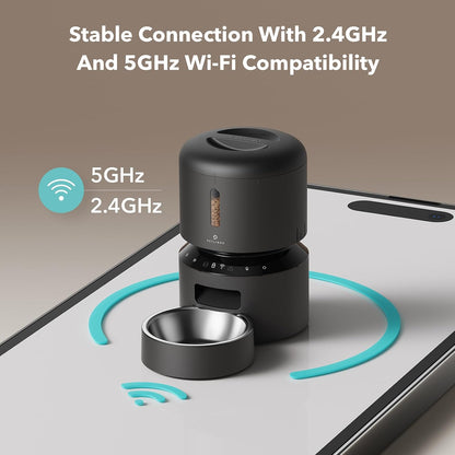 Automatic Cat Feeder, 5G WiFi Automatic Dog Food Dispenser with Freshness Preservation, 5L Timed Pet Feeder with Low Food Sensor, Up to 10 Meals Per Day, Granary Black