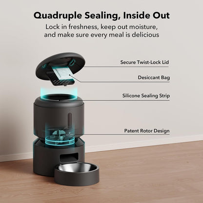 Automatic Cat Feeder, 5G WiFi Automatic Dog Food Dispenser with Freshness Preservation, 5L Timed Pet Feeder with Low Food Sensor, Up to 10 Meals Per Day, Granary Black
