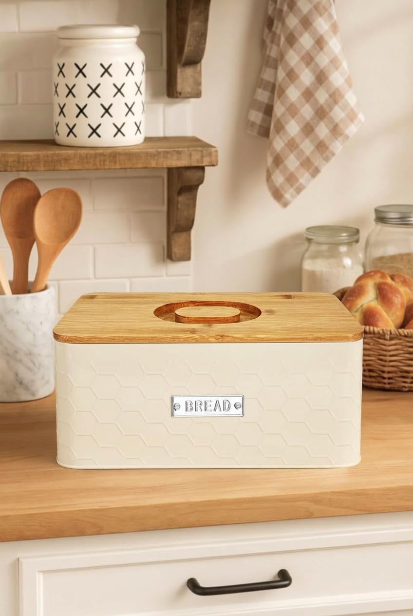 vensovo Bread Box for Countertop – Large White Metal Bread Bin with Bamboo Cutting Board Lid, Farmhouse Bread Storage Container for Homemade Bread, Baked Goods & Kitchen Counter Organization