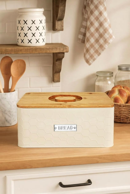 vensovo Bread Box for Countertop – Large White Metal Bread Bin with Bamboo Cutting Board Lid, Farmhouse Bread Storage Container for Homemade Bread, Baked Goods & Kitchen Counter Organization