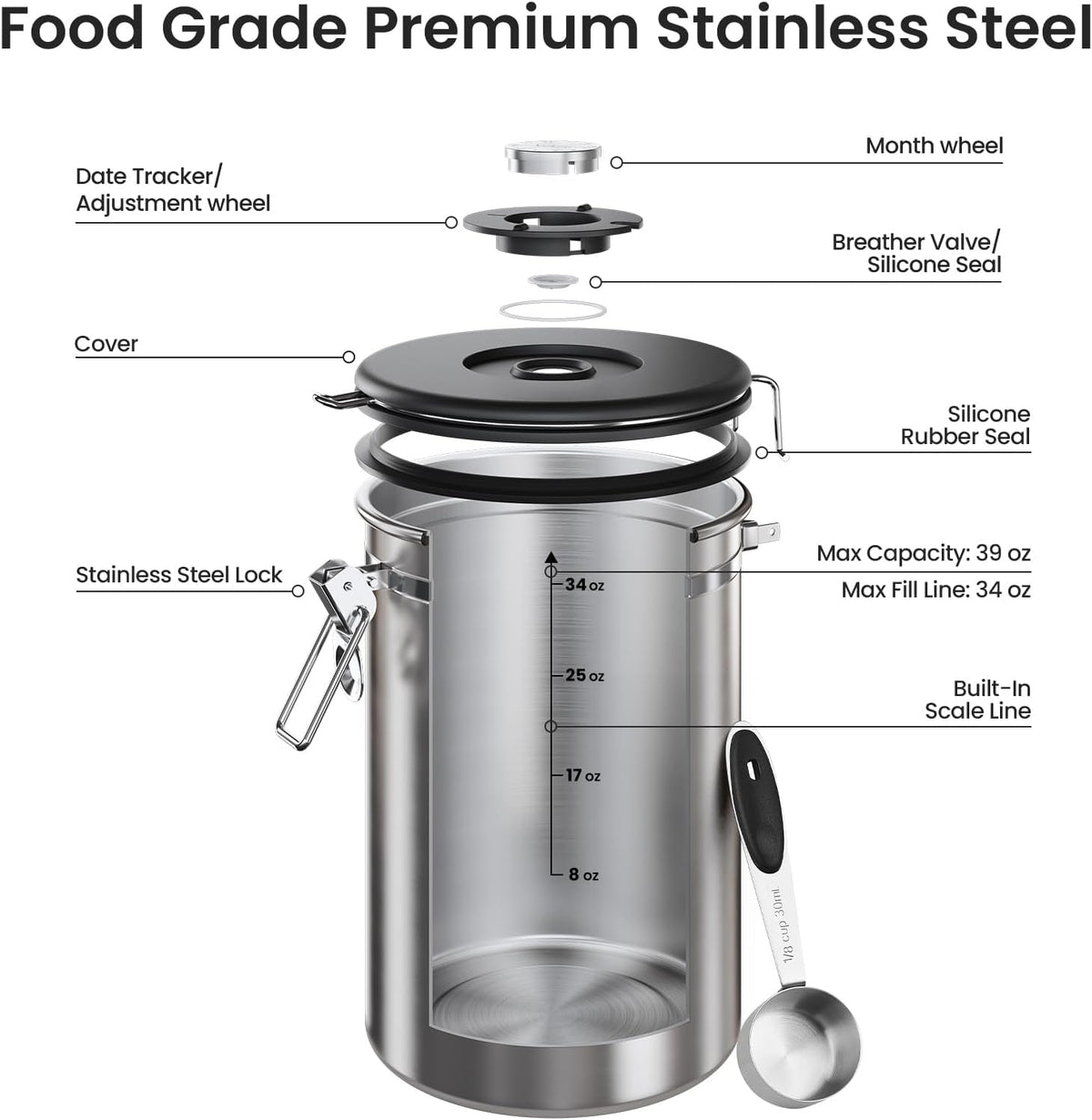Veken Coffee Canister, 39OZ Large, Mothers Day Gifts For Women, Airtight Stainless Steel Food Storage Container for 2.2lbs Coffee Beans, Ground, Sugar, Tea, Flour, Cereal,Kitchen Bar Accessories,Cream