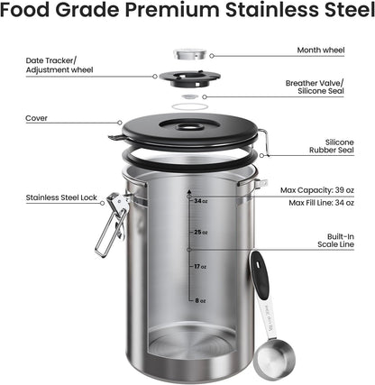 Veken Coffee Canister, 39OZ Large, Mothers Day Gifts For Women, Airtight Stainless Steel Food Storage Container for 2.2lbs Coffee Beans, Ground, Sugar, Tea, Flour, Cereal,Kitchen Bar Accessories,Cream