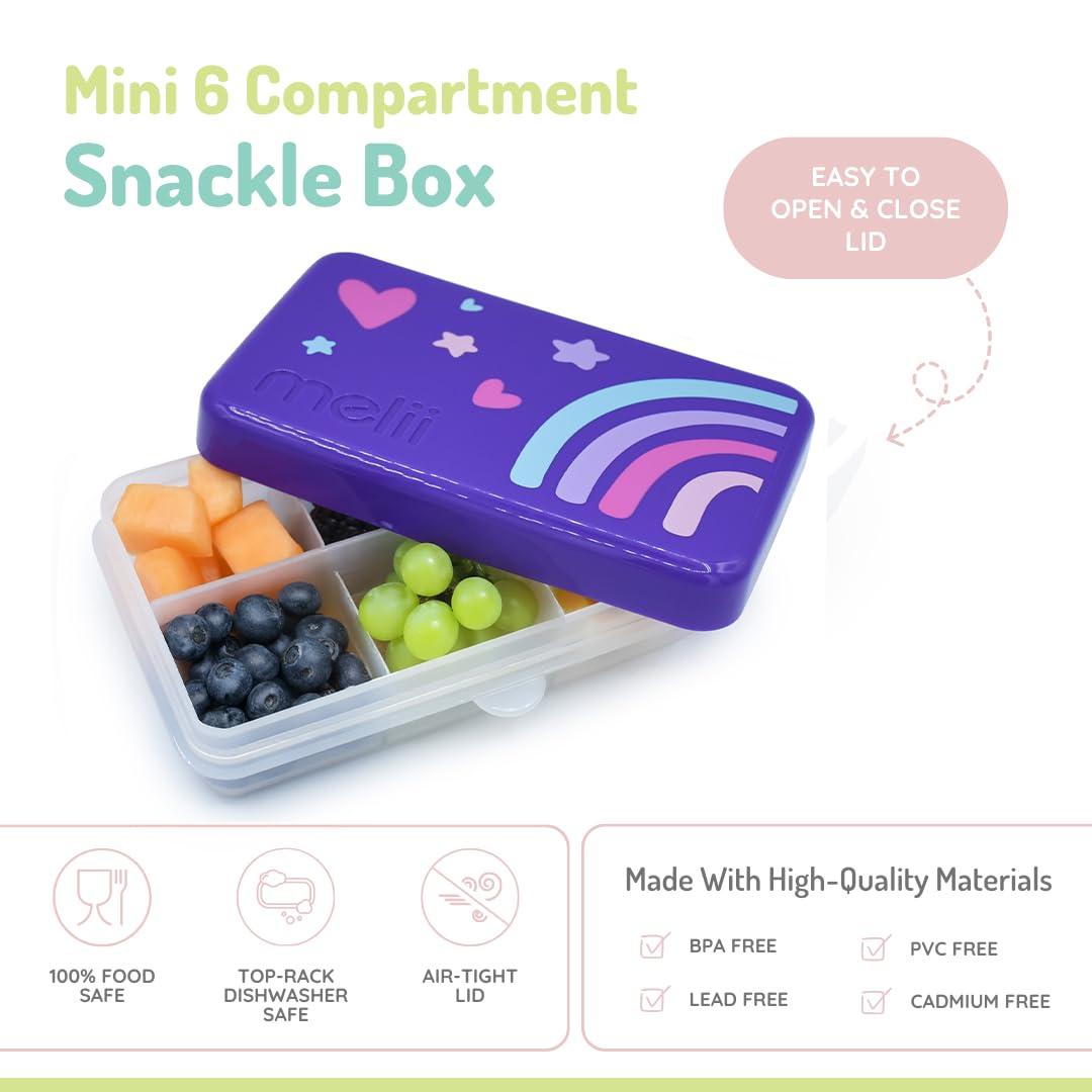 melii Snackle Box | 6-Compartment Divided Snack Container, BPA-Free Food Storage with Removable Dividers for School, Travel & On-the-Go Snacking Purple Cat