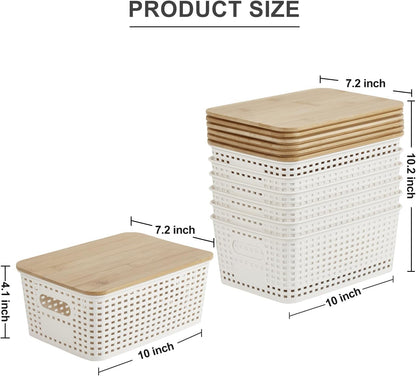Bagnizer Small Plastic Storage Bins with Bamboo Lids 5.2qt Stackable Box Basket Pantry Decorative Containers Cute with Labels for Organizing Desktop Closet Office Cream White of 10*7.2*4.1"