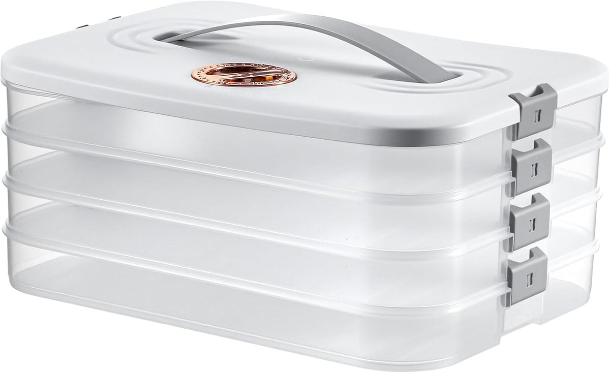 4-Layer Food Storage Container with Lids – Stackable, Airtight Cookie & Dumpling Carrier for Fridge, Freezer, Travel – BPA-Free Plastic, White (11.6” x 8.7” x 5.4”)