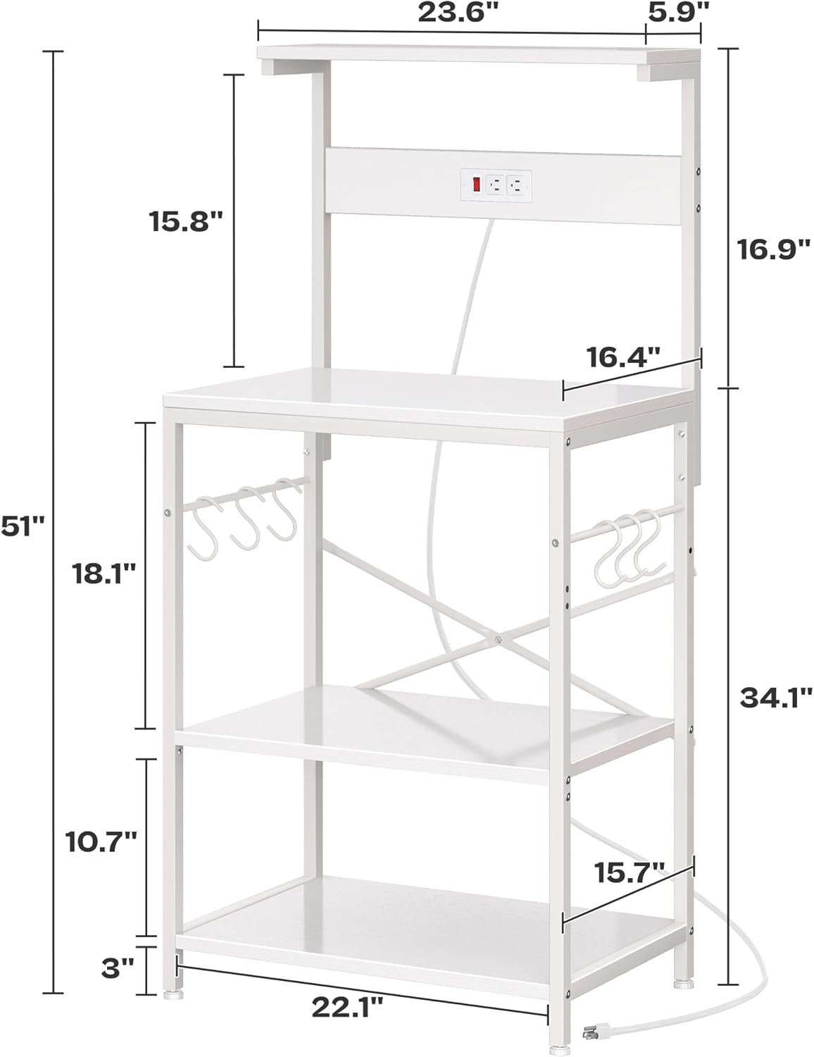SUPERJARE Kitchen Bakers Rack with Power Outlet, Coffee Bar Table 4 Tiers, Kitchen Microwave Stand with 6 S-shaped Hooks, Storage Shelf Rack for Spices, Pots and Pans - Rustic Brown
