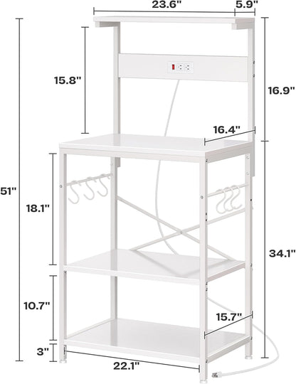 SUPERJARE Kitchen Bakers Rack with Power Outlet, Coffee Bar Table 4 Tiers, Kitchen Microwave Stand with 6 S-shaped Hooks, Storage Shelf Rack for Spices, Pots and Pans - Rustic Brown