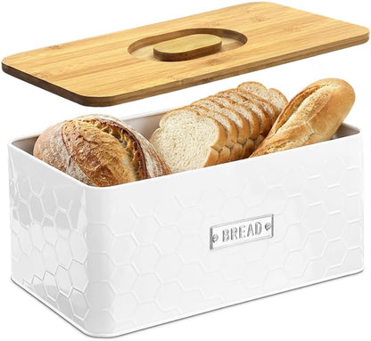 vensovo Bread Box for Countertop – Large White Metal Bread Bin with Bamboo Cutting Board Lid, Farmhouse Bread Storage Container for Homemade Bread, Baked Goods & Kitchen Counter Organization