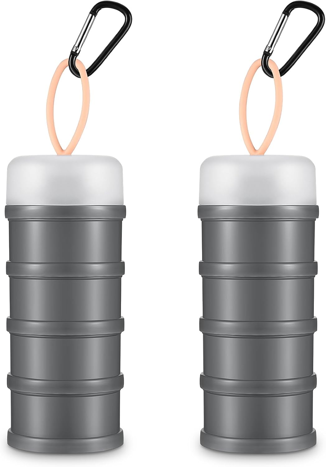 Baderke 2 Pcs Protein Powder Container with Funnels Stand, 4 Stackable Leakproof Protein Powder Dispenser, Portable Keychain Powder Container for Workout, Fitness, Travel(Gray, White)