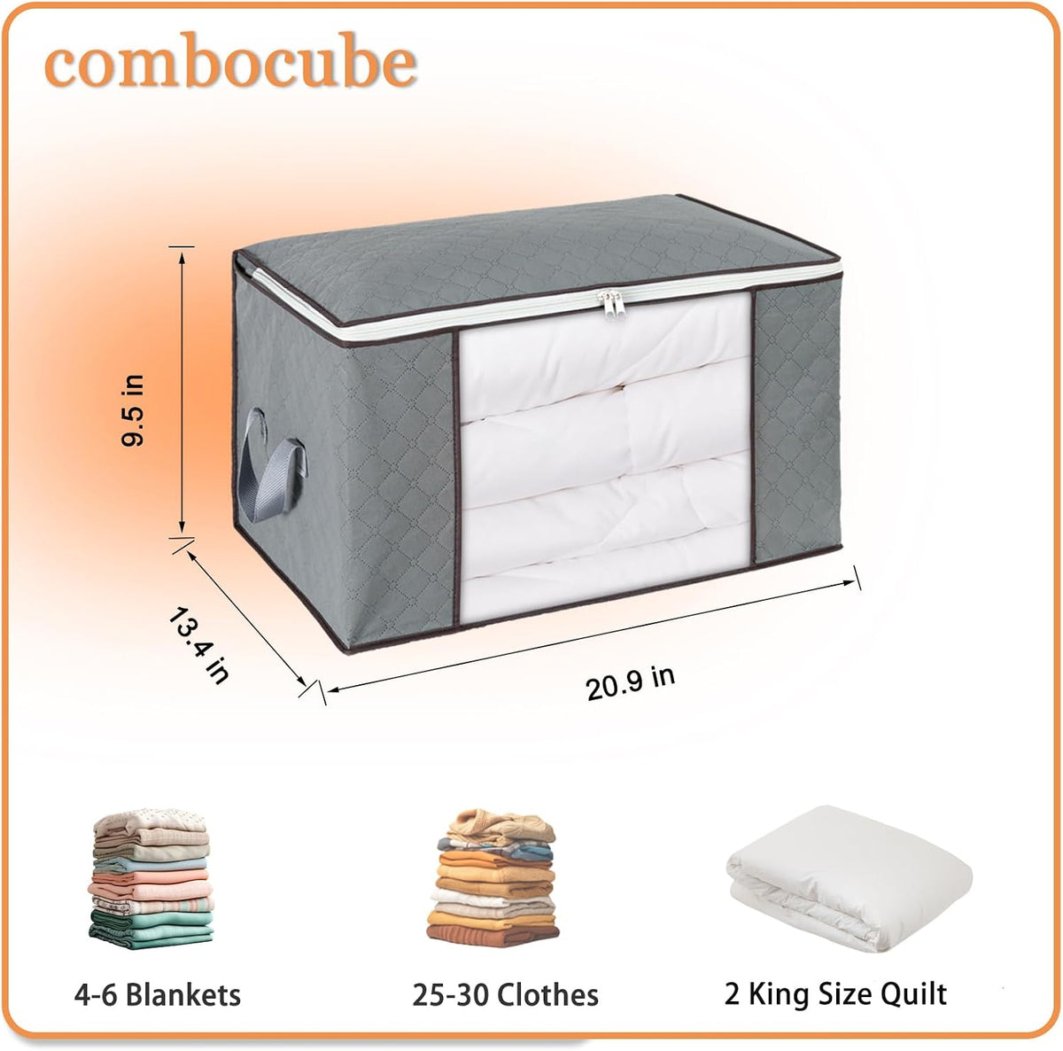 combocube Zippered Storage Bag for Closet King Comforter, pillow, quilt, bedding, Clothes, Blanket Organizers with Large Clear Window & Carry Handles Space Saver