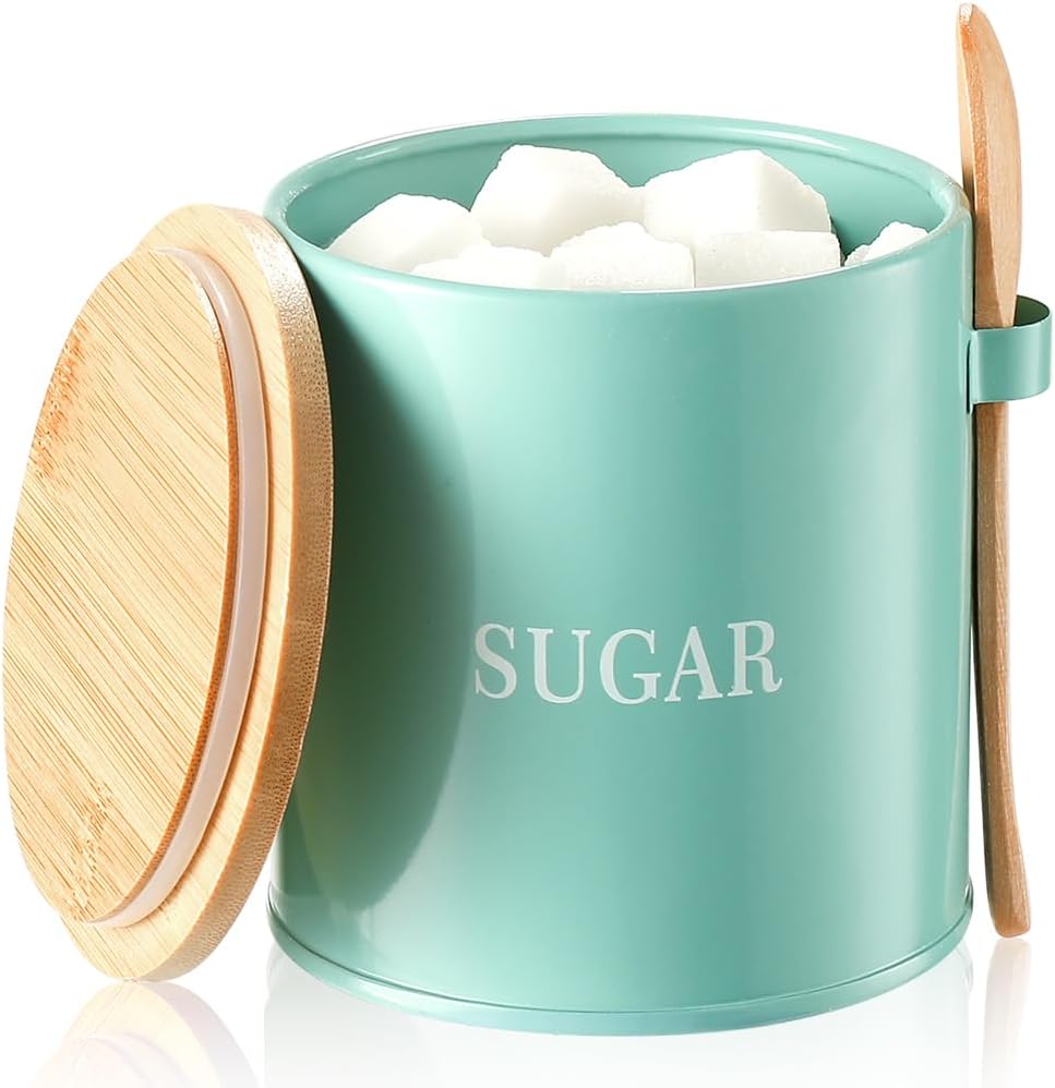 AISBUGUR Sugar Bowl with Lid and Spoon: 17oz Metal Sugar Container - Airtight Food Sugar Jar - Coffee Bar Accessories - Countertop Kitchen Decor (White)