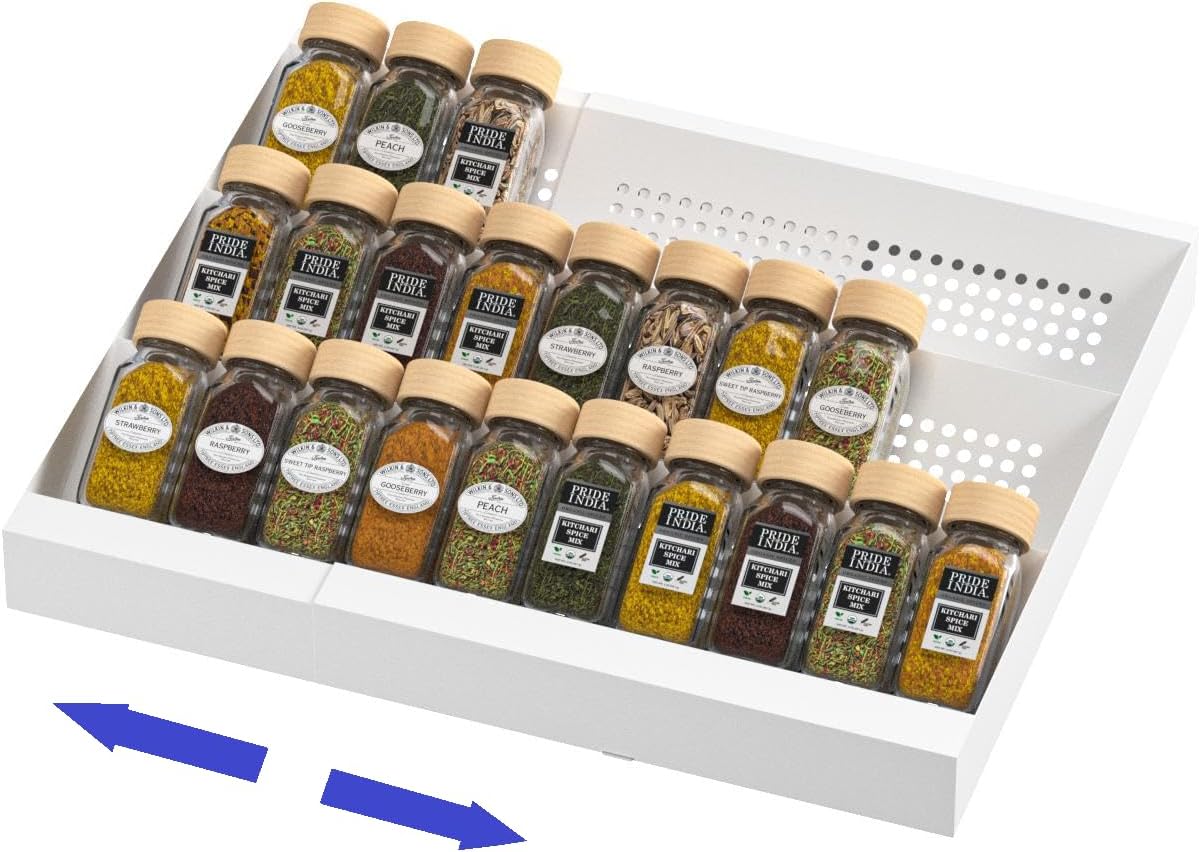 Expandable Metal Spice Drawer Organizer,3-Tier,Slanted Seasoning Jars Tray for Kitchen Cabinet Drawers Insert/Countertop (Jars not included)-3Tier /White