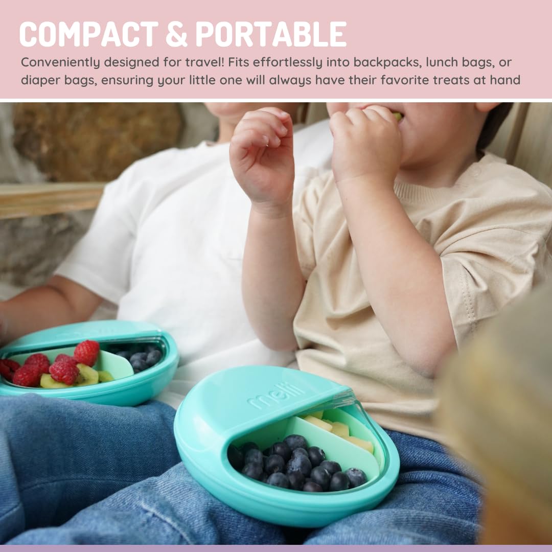 melii Spin Snack Container | 3-Compartment Rotating Snack Box with Sliding Window, BPA-Free, Dishwasher Safe, Portable Snack Container for Kids Ages 3+ (Blue)