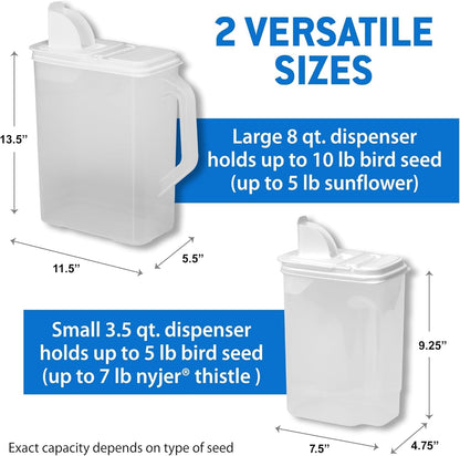 Buddeez Pet Food Storage Containers - 2 Count Bird Seed Dispenser with Pour Tight Lids and Easy Pour Spouts, 8 Qt and 3.5 Qt, Bird Seed Storage for Small and Large Feed, BPA Free