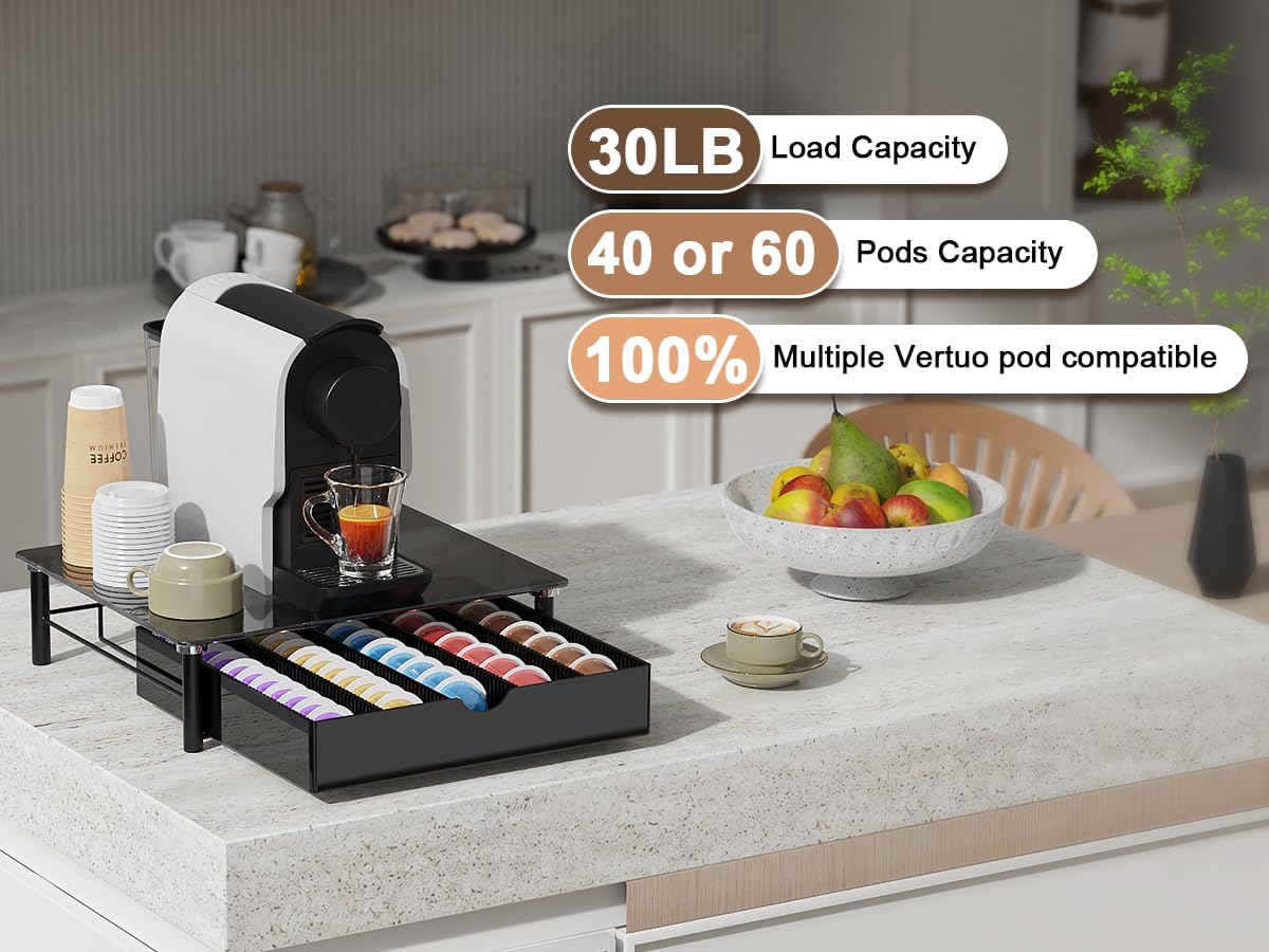 gianotter Crystal Tempered Glass Vertuo Pod Holder Drawer, Compatible with Nespresso Vertuo Capsules, Compatible with 40 Large or 60 Small Nespresso Capsule Organizer (transparent)