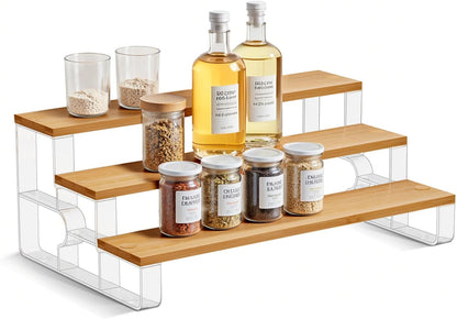 junyuan Spice Rack Organizer for Cabinet,3 Tier Spice Organization for Kitchen,Bathroom Organizers and Storage,Seasoning Countertop Shelf,Bamboo Display Shelves Racks,Clear 11.2"