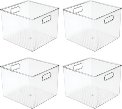 mDesign Plastic Deep Kitchen and Pantry Organizer Storage Bin with Handles for Cabinet, Fridge, Freezer - Food Storage Containers for Snacks, Yogurt Pouches or Fruit, Ligne Collection, 4 Pack, Clear