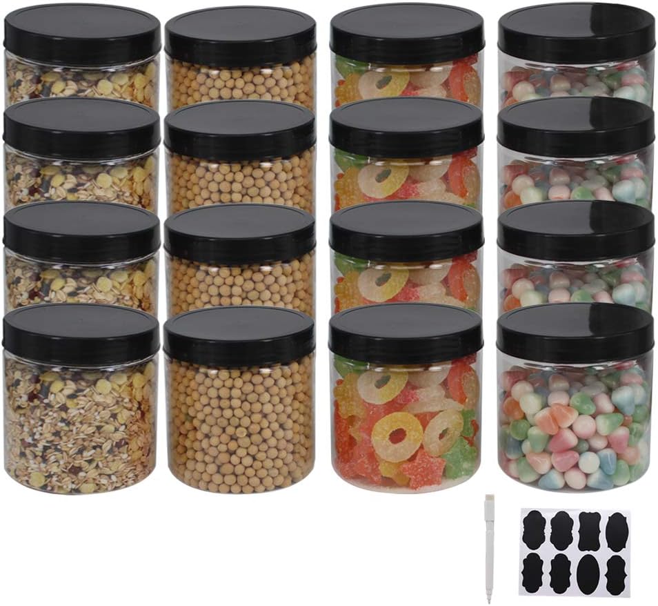 zmybcpack 16 oz Plastic Jars with Lids, Extra Labels, 1 Pen, Clear PET Seal Jar for Food Storage,Wide Opening Storage jar For Dry Food, Peanut, Powder, Kitchen & Craft Storage