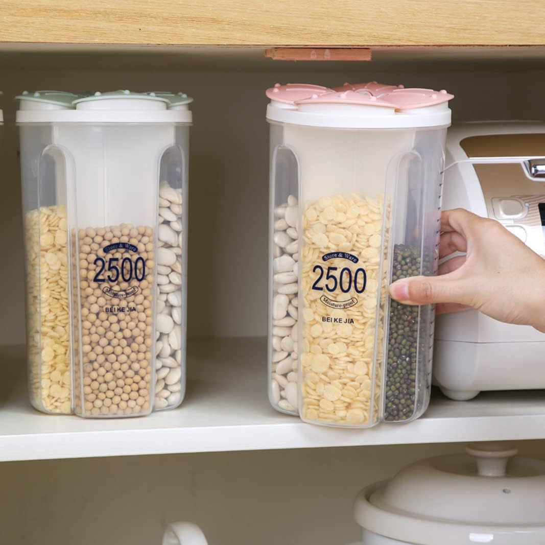 Airtight Kitchen Food Storage Container, Leak-Proof BPA Free Plastic Plastic Dry Cereal Dispensers Containers with Durable Lids for Flour, Sugar, Rice (1500ml-3 Grid)
