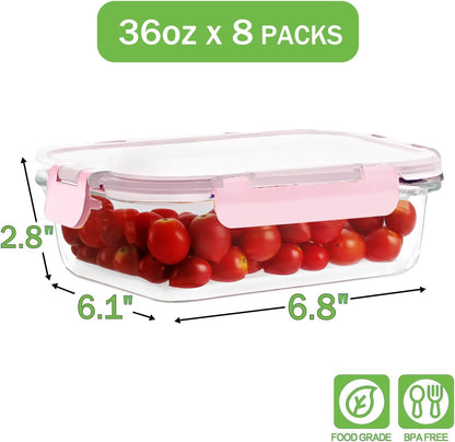 36oz Large Glass Meal Prep Containers with lids, Glass Food Storage Containers with Leak Proof Snap Lock Lids, Airtight Bento lunch Boxes, Kitchen Storage, Oven, Freezer and Dishwasher Safe