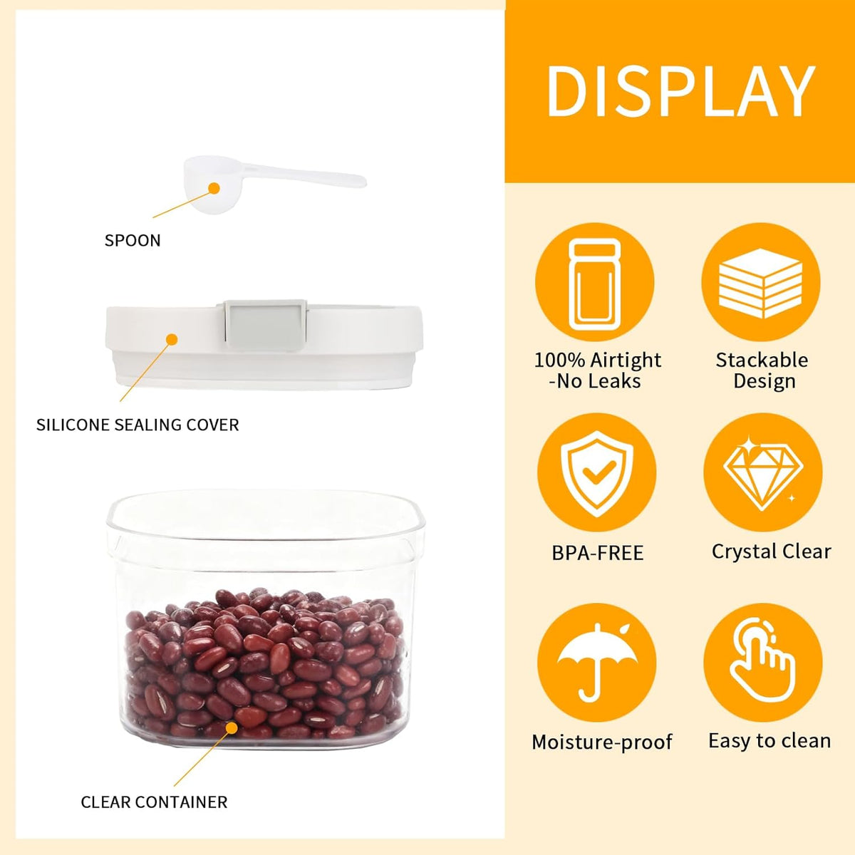 Airtight Food Storage Container, 44oz Moisture-Proof Canister with Measuring Spoon for Coffee, Protein Powder, Sugar, Flour, Cereal, Kitchen & Pantry Organization (1300ML)