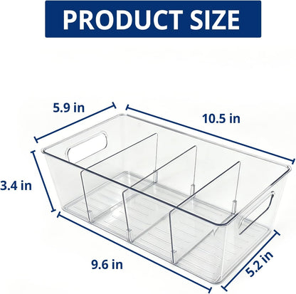 Pantry Organizers and Storage, Food Storage Containers with 3 Removable Divider for Kitchen, Fridge, Cabinet Organization, Clear Plastic Storage Bins for Snacks, Spice Packets, Packets, Pouches