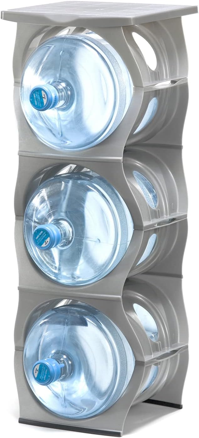 Bariboo Stackable Water Bottle Storage Rack Best Water Jugs 5 Gallon Organizer. Jug Holder for Kitchen, Cabinet and Office Organizing. Reinforced Polypropylene (Silver, 4 No Shelf)