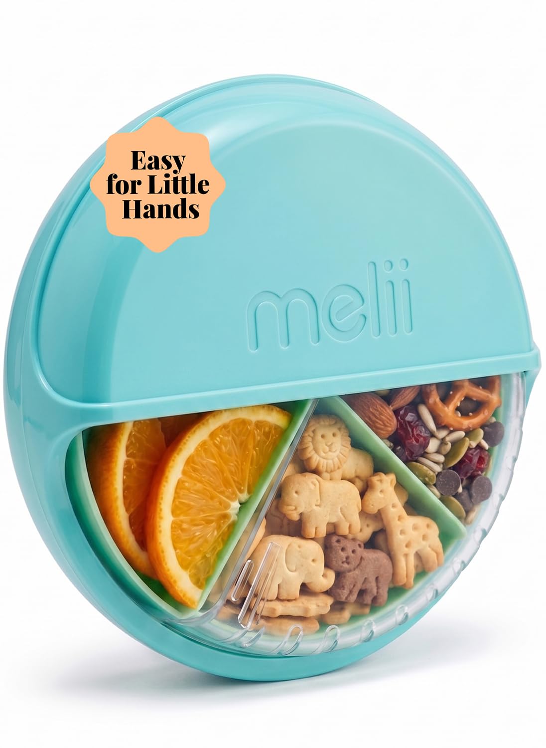 melii Spin Snack Container | 3-Compartment Rotating Snack Box with Sliding Window, BPA-Free, Dishwasher Safe, Portable Snack Container for Kids Ages 3+ (Blue)