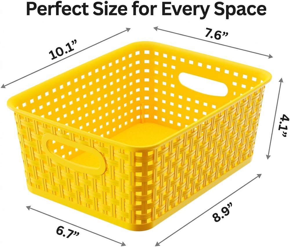 Khaki Stackable Storage Baskets, Plastic Weave Basket Organizer and Storage Set of 12, Pantry Organizing Baskets for Shelves, Kitchens, Bathrooms, Classrooms, Cabinets and Bedrooms