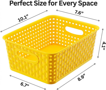 Khaki Stackable Storage Baskets, Plastic Weave Basket Organizer and Storage Set of 12, Pantry Organizing Baskets for Shelves, Kitchens, Bathrooms, Classrooms, Cabinets and Bedrooms