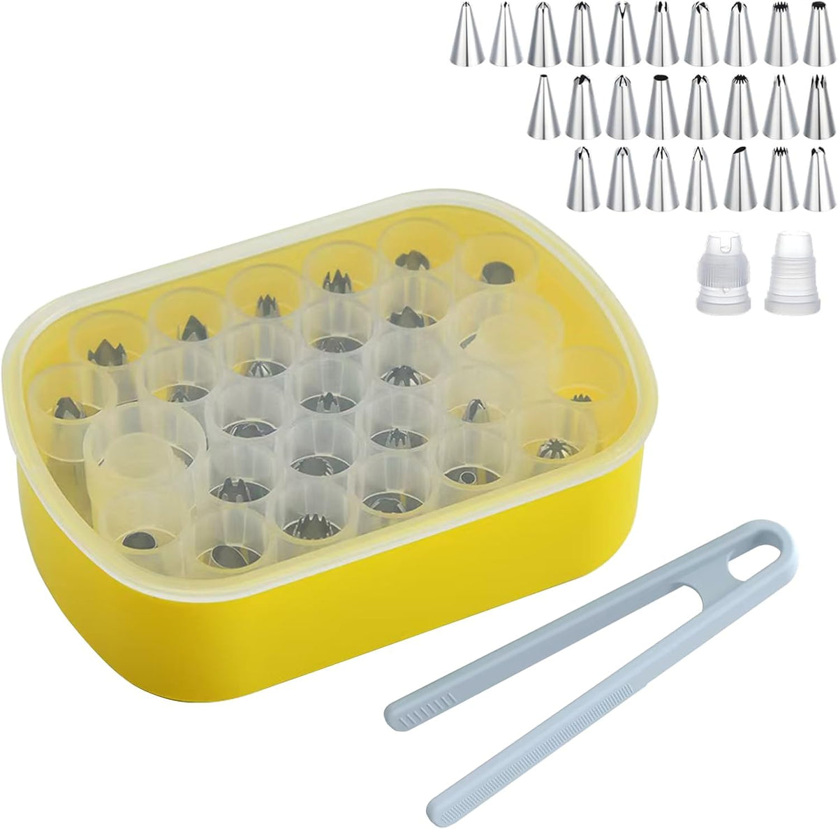 Cake Decorating Supplies Set - 27 Grids Storage Box with 25 Stainless Steel Piping Tips, 2 Adapters & Silicone Mini Tongs | Complete Baking Nozzle Organizer Kit