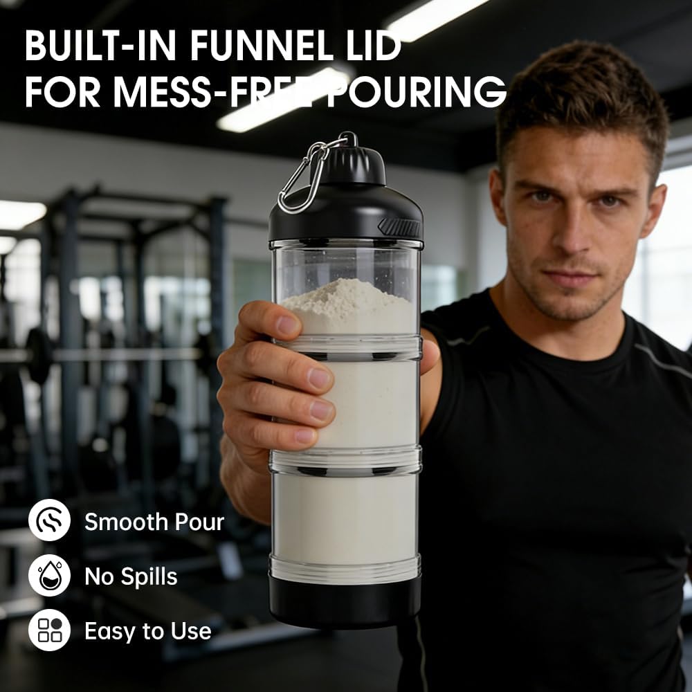 BYLWORKOUT 3-Layer Protein Powder Travel Container with Funnel and Keychain | Portable Food Storage Organizer for Gym, Fitness, Kitchen, Camping, Hiking, and Travel (Emerald Green)