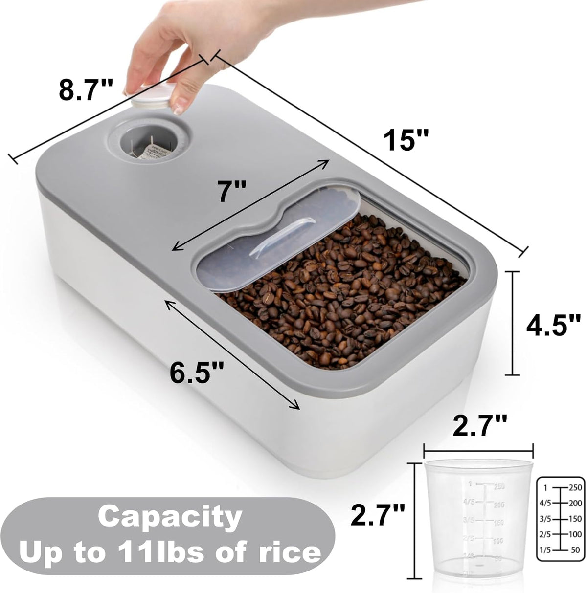 Rice Storage Container, 11 Lbs Plastic Airtight Rice Dispenser with Measuring Cup, Dry Food Storage Bucket Box with Lid, Flour Bin Pet Food Container, Kitchen Organizer for Grain Cereal, White