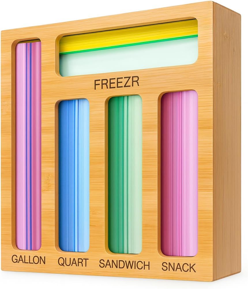 3 in 1 Wrap Organizer with Cutter and Labels, Plastic Wrap, Aluminum Foil and Wax Bamboo Dispenser for Kitchen Storage Organization Holder for 12" Roll (Natural)