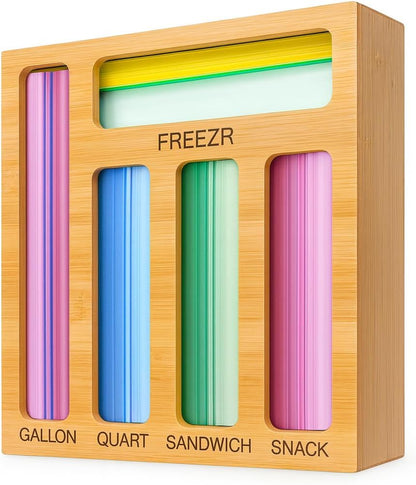 3 in 1 Wrap Organizer with Cutter and Labels, Plastic Wrap, Aluminum Foil and Wax Bamboo Dispenser for Kitchen Storage Organization Holder for 12" Roll (Natural)