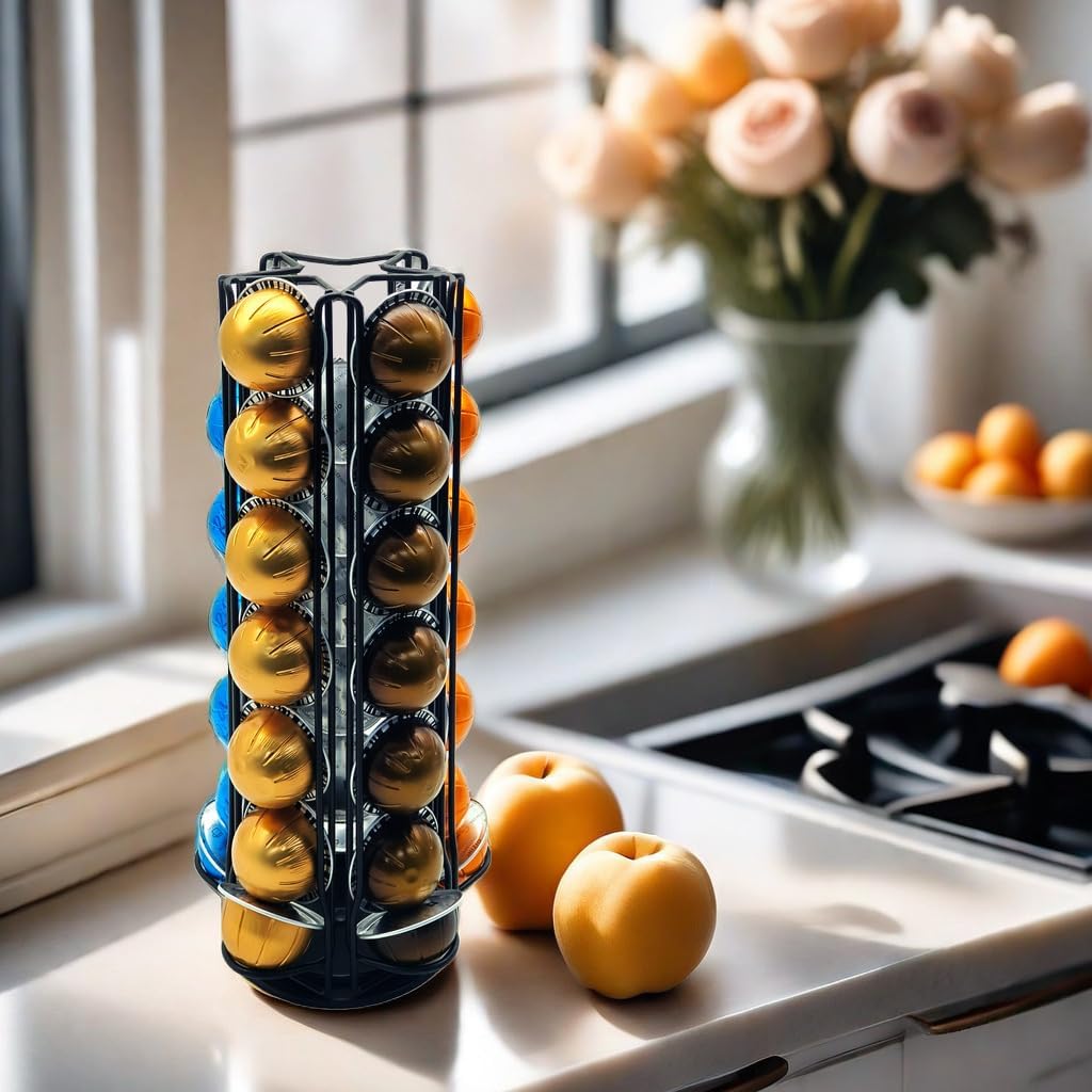 Miuly Coffee Capsule Holder For Nespresso Vertuoline, Coffee Capsule Stands Rotating Pod Rack holds 28 Nespresso Vertuo Pods, Black