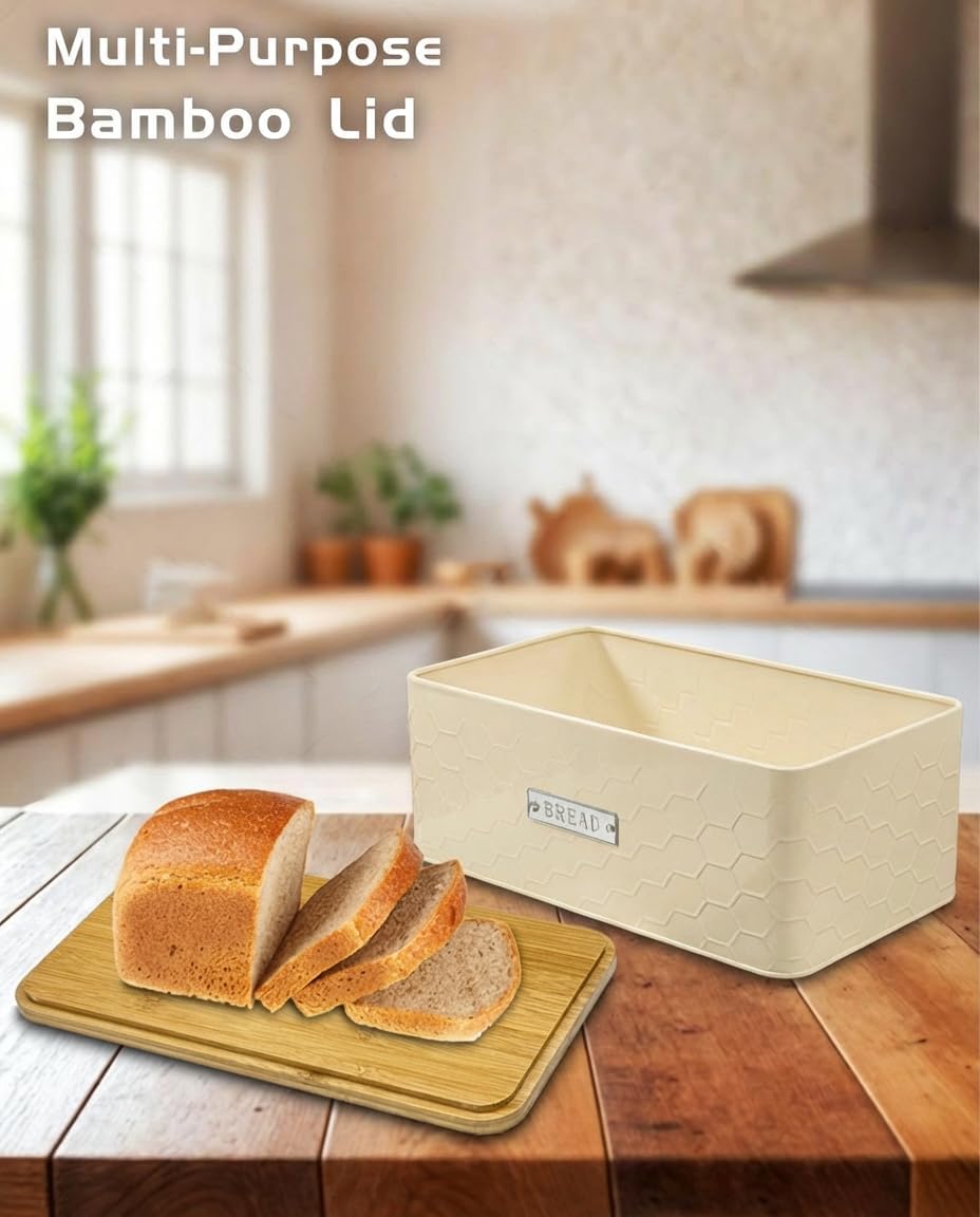 vensovo Bread Box for Countertop – Large White Metal Bread Bin with Bamboo Cutting Board Lid, Farmhouse Bread Storage Container for Homemade Bread, Baked Goods & Kitchen Counter Organization