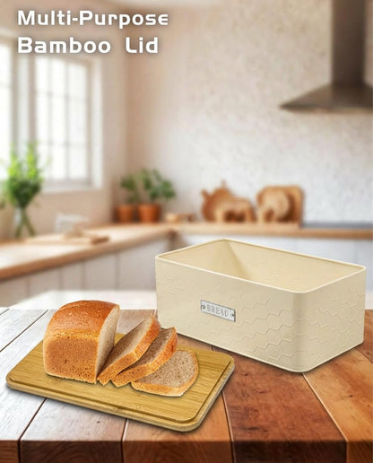 vensovo Bread Box for Countertop – Large White Metal Bread Bin with Bamboo Cutting Board Lid, Farmhouse Bread Storage Container for Homemade Bread, Baked Goods & Kitchen Counter Organization